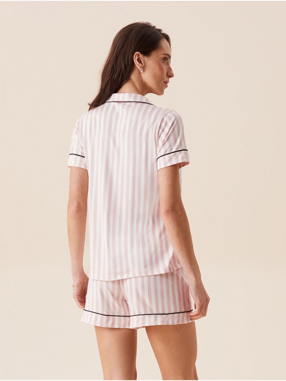 Hope — Short Doll Em Viscose Com Vivo Contrastante Flora Listrada Rosa Dust / Off White